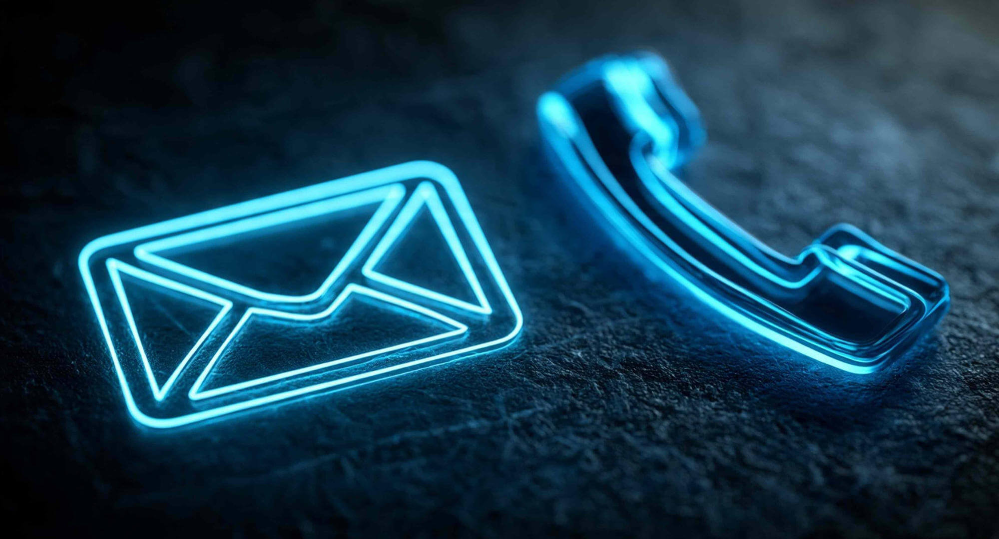 Phone and envelope icons, lined in neon blue, floating against dark background.