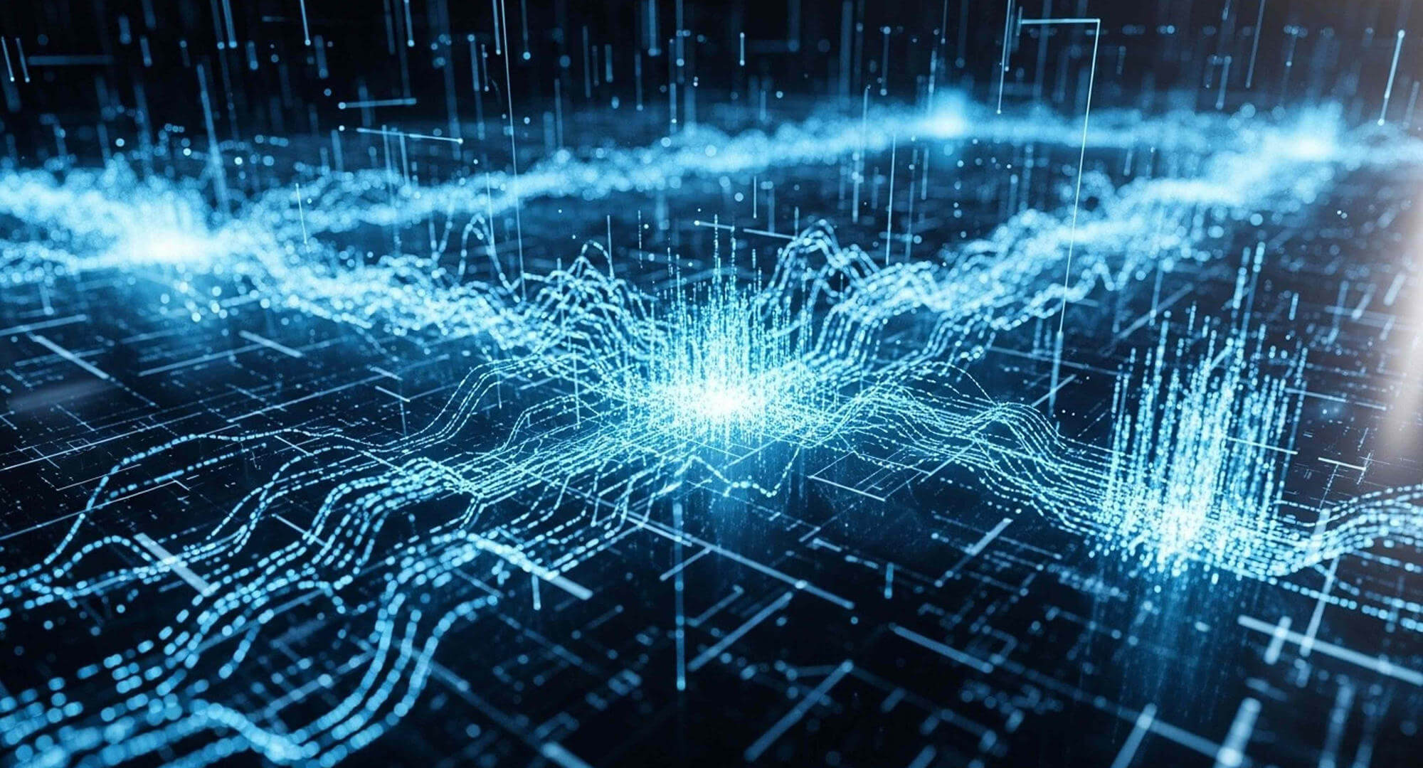 Futuristic digital landscape with glowing blue lines and nodes against a dark background.